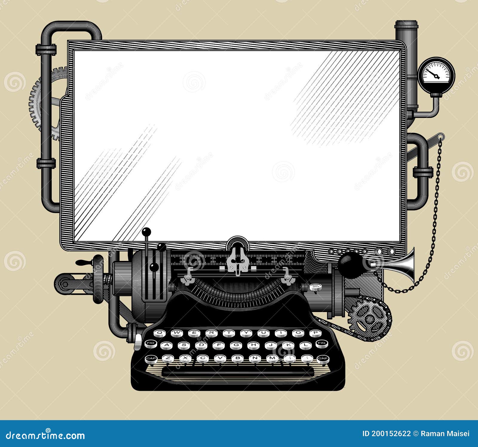 Complex Iron Steampunk Computer with a White Screen Editorial