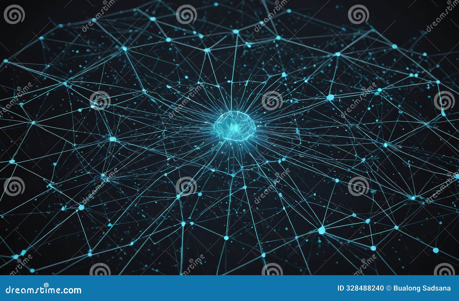 complex network interconnected lines and dots, with central blue dot, creates sense depth and complexity