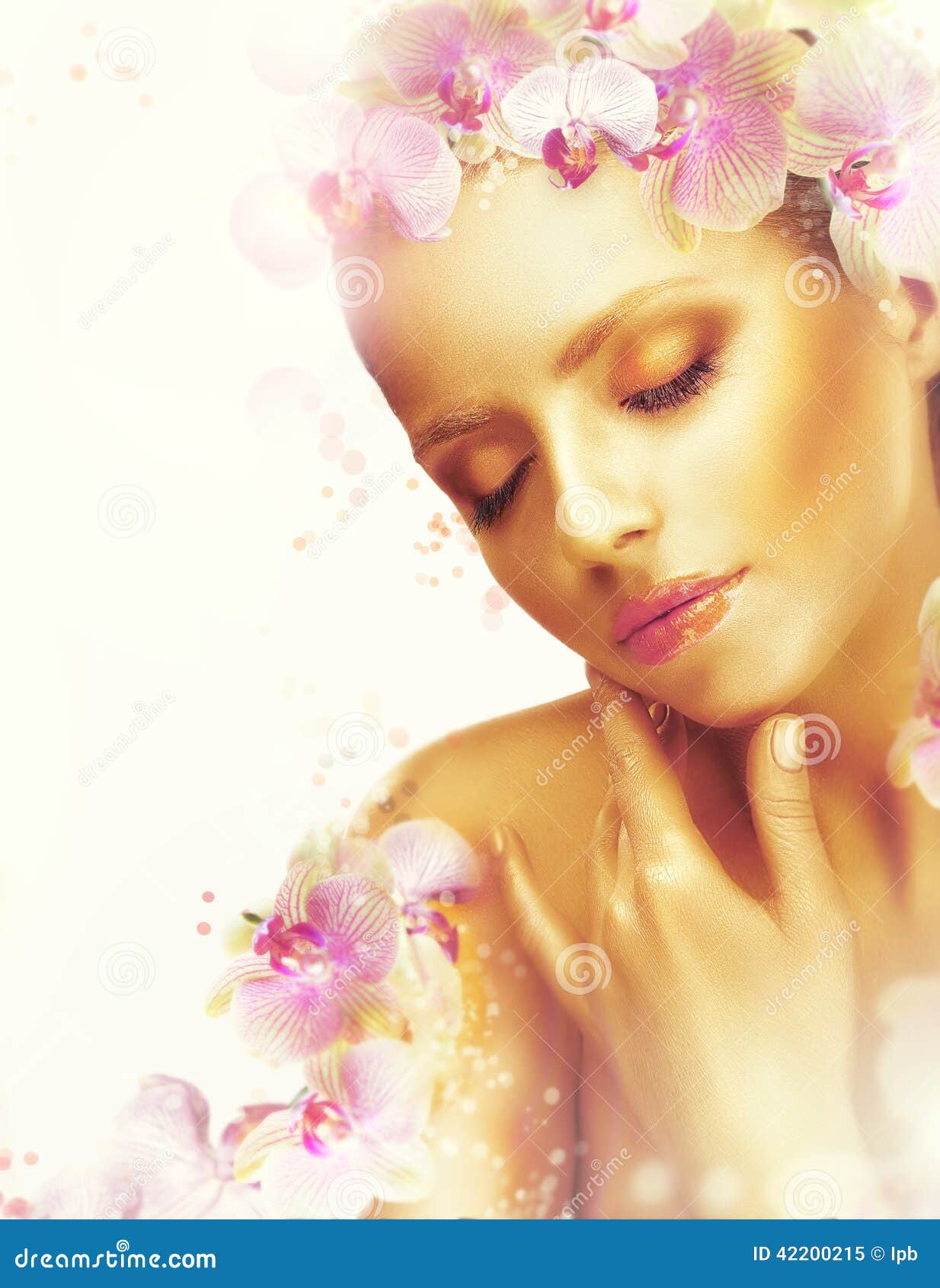 complexion. gorgeous woman with perfect bronzed skin and orchid flowers. fragrance