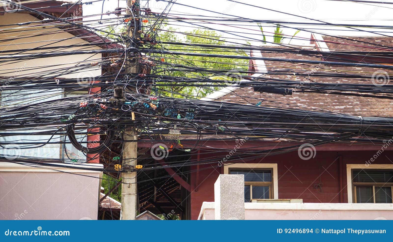 the complexity of the cable wire on street of samui, thailand