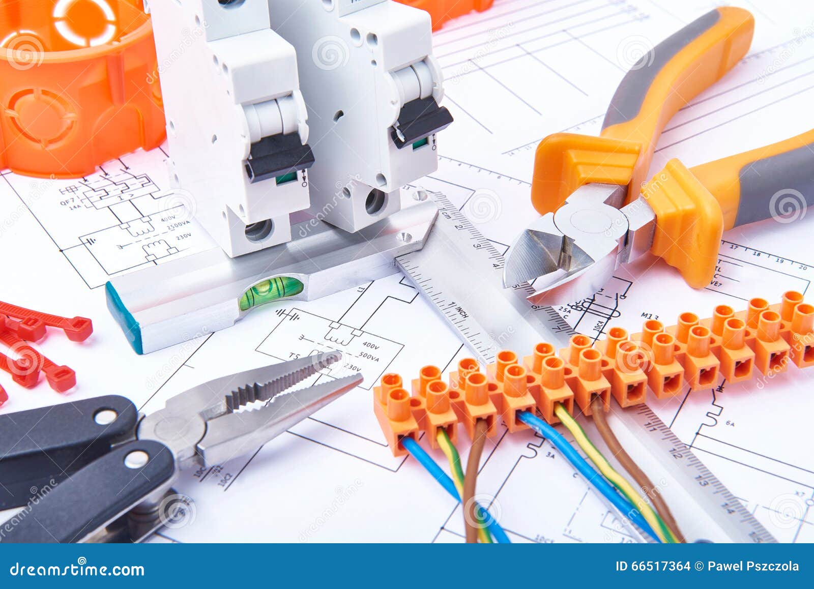 components for use in electrical installations. cut pliers, connectors, fuses and wires. accessories for engineering work.