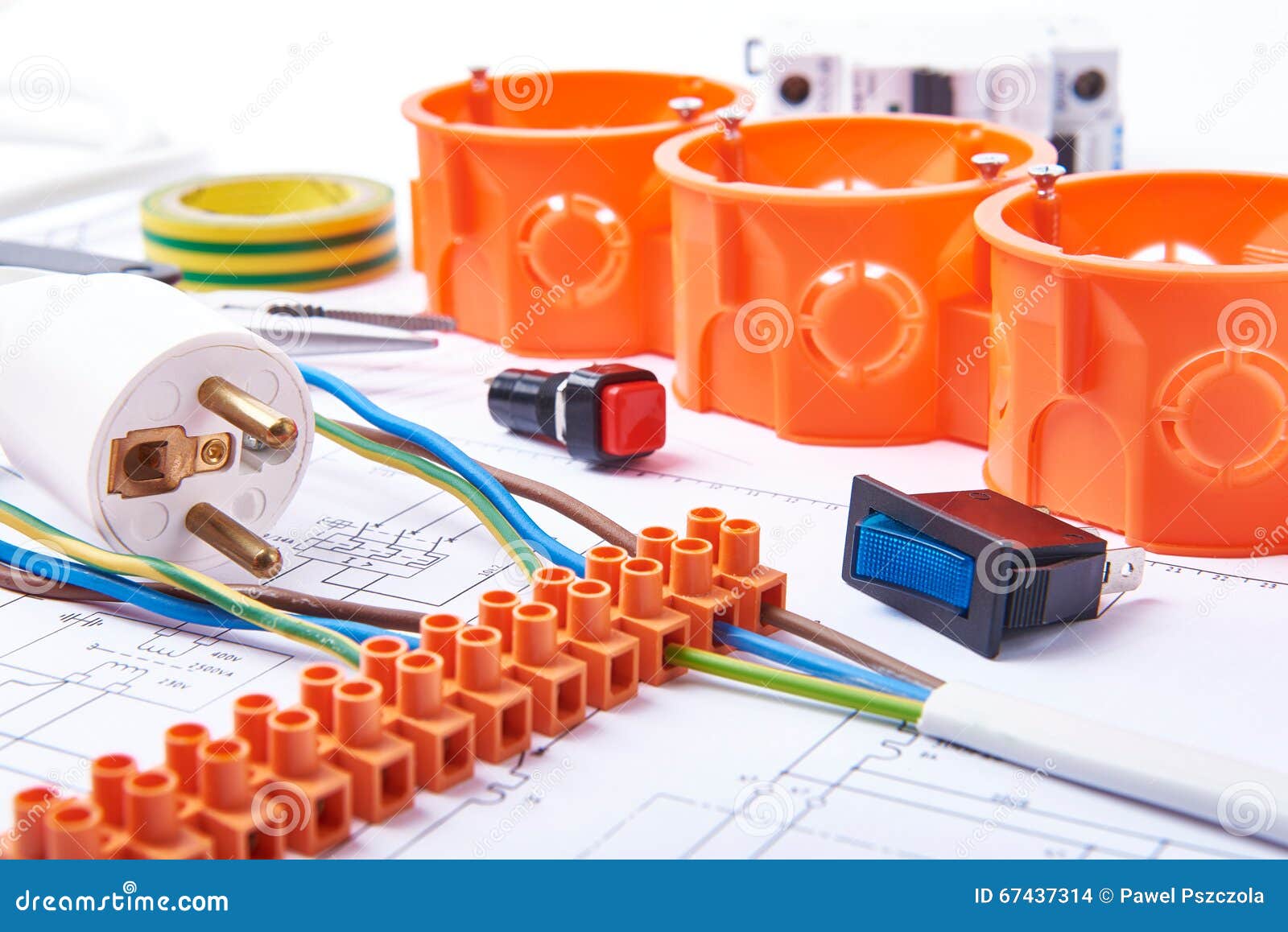 components for use in electrical installations. plug, connectors, junction box, switch, isolation tape and wires. accessories for
