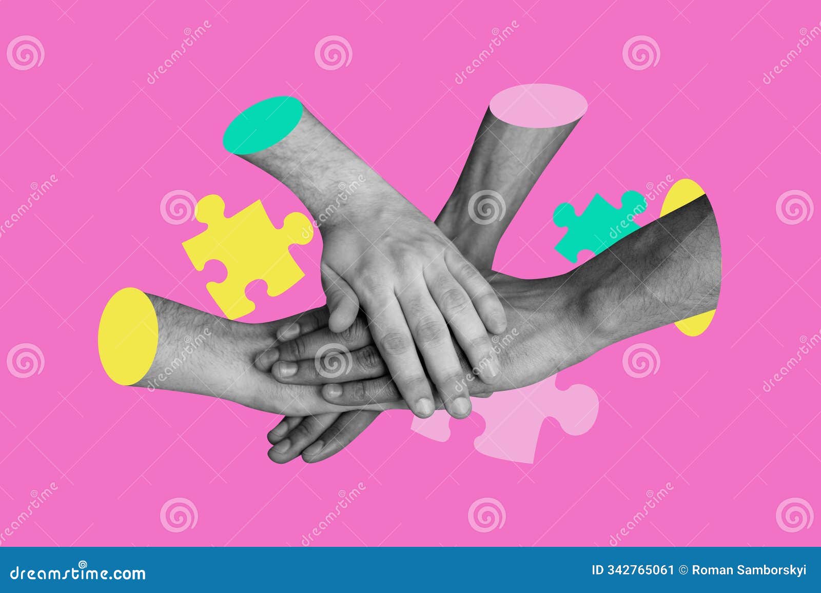 composite artwork sketch image photo collage of four hands different person group hold arm together partnership puzzle