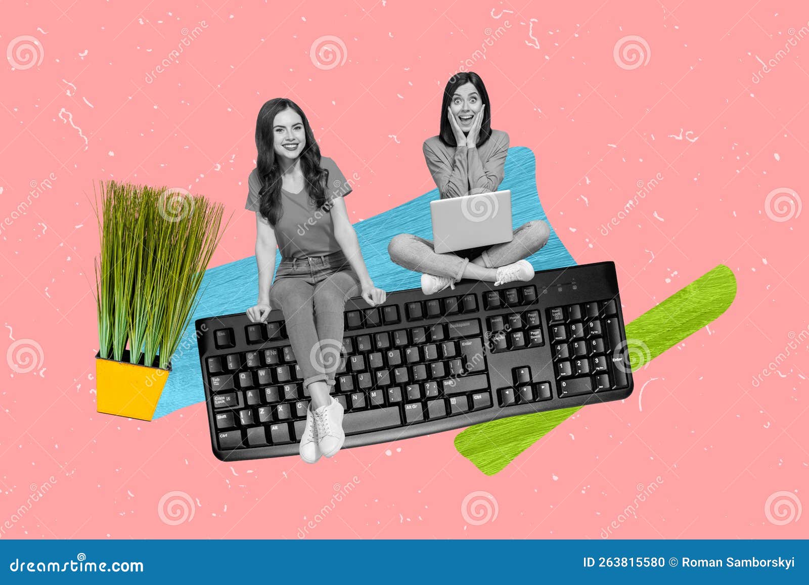 composite collage portrait of two mini excited funky girls sitting big keyboard use netbook houseplant  on