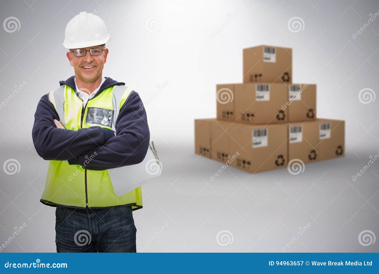 Composite 3d Image of Worker Wearing Hard Hat in Warehouse Stock Image