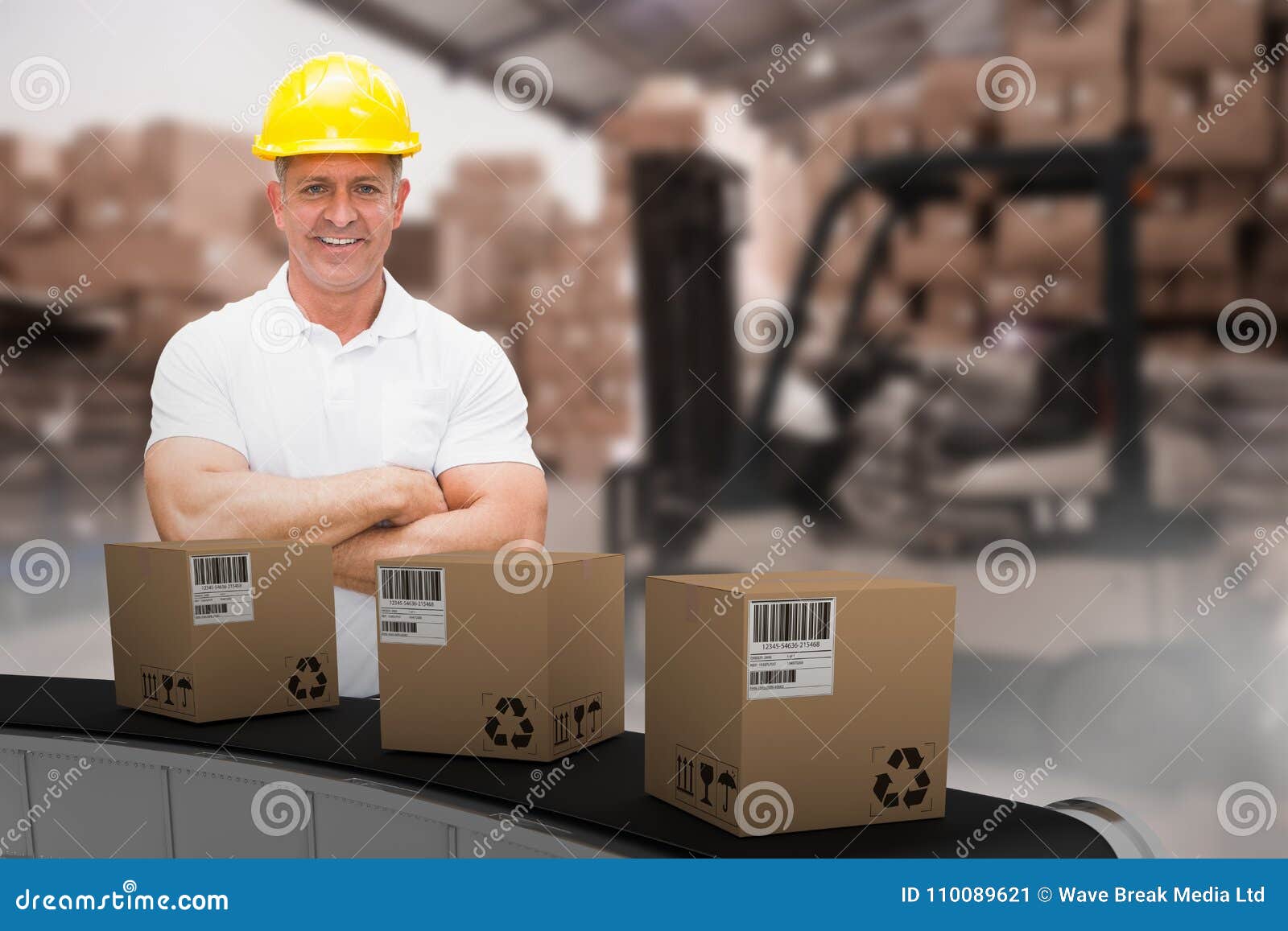 Composite 3d Image of Worker Wearing Hard Hat in Warehouse Stock Image