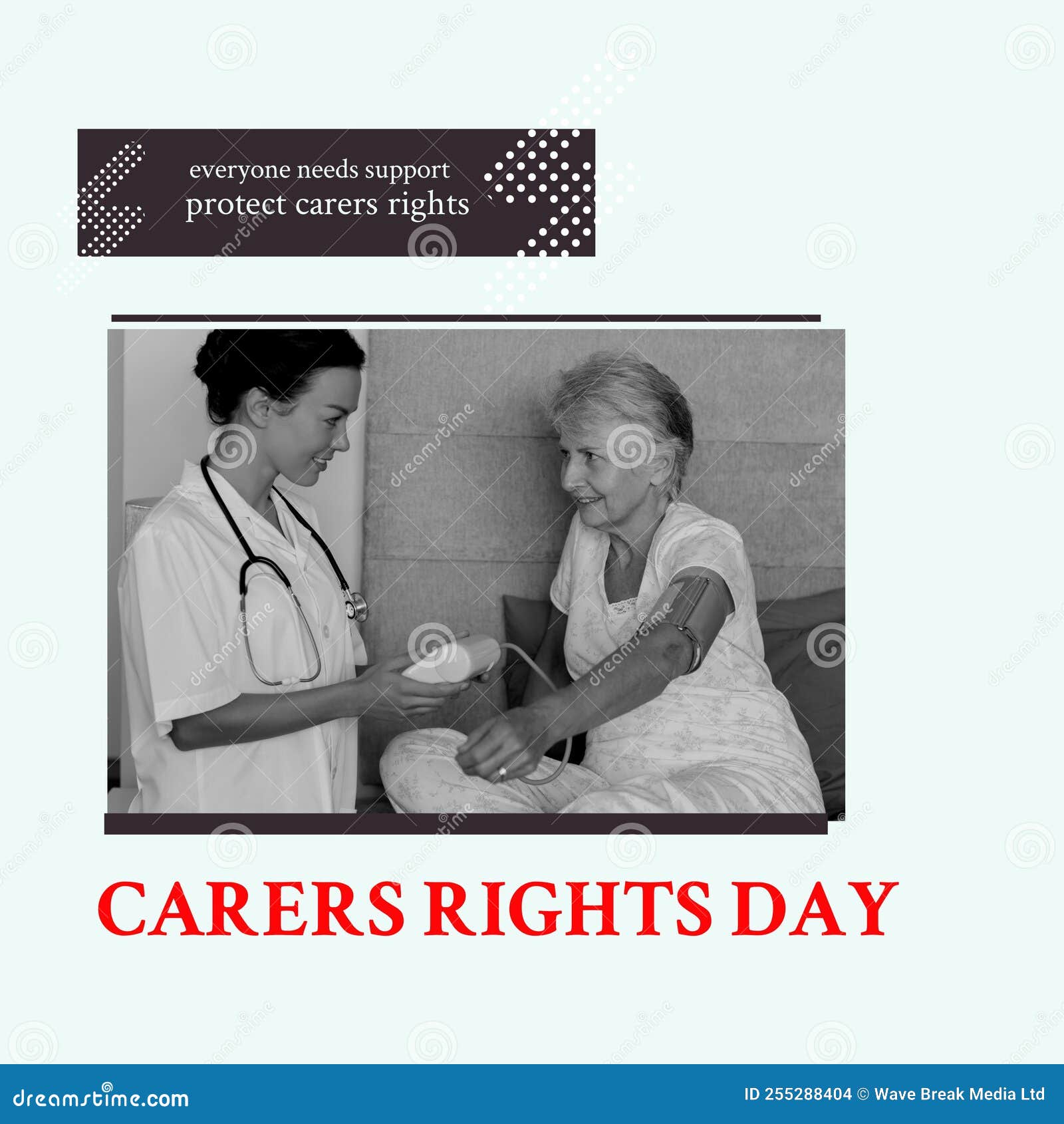 composite of everyone needs support and carers rights day text over doctor examining patient at home