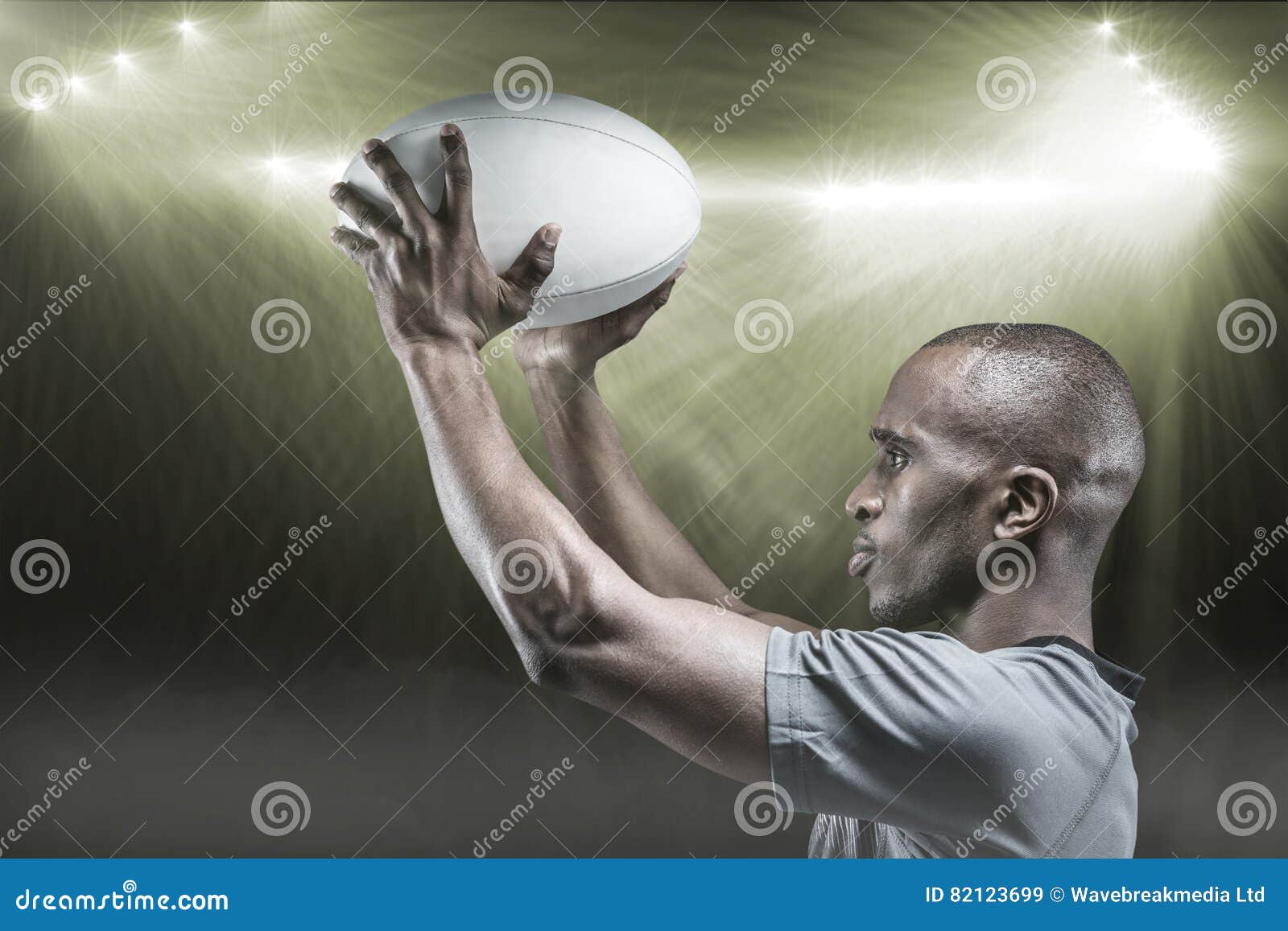 Composite Image of Athlete in Position of Throwing Rugby Ball 3D Stock