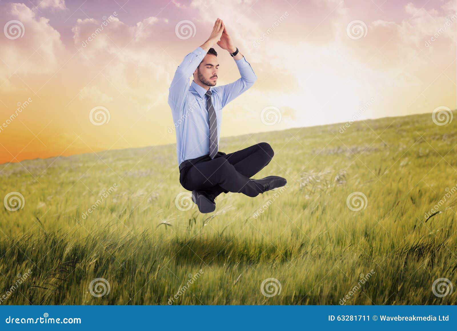 Composite Image Of Calm Businessman Sitting In Lotus Pose With Hands