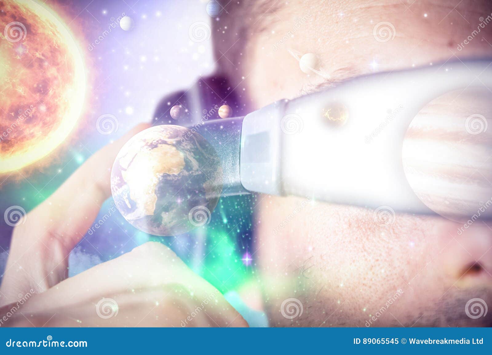 Composite Image Of Close Up Of Man Using Virtual Reality 3d