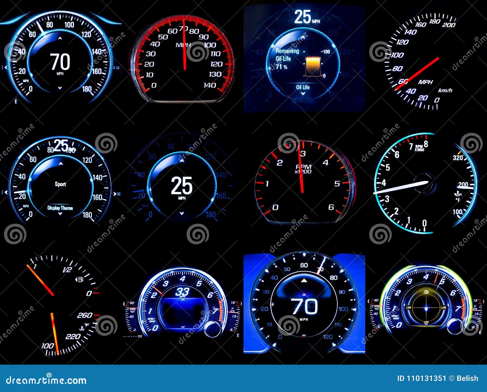composite image of dozen mileages speedometers