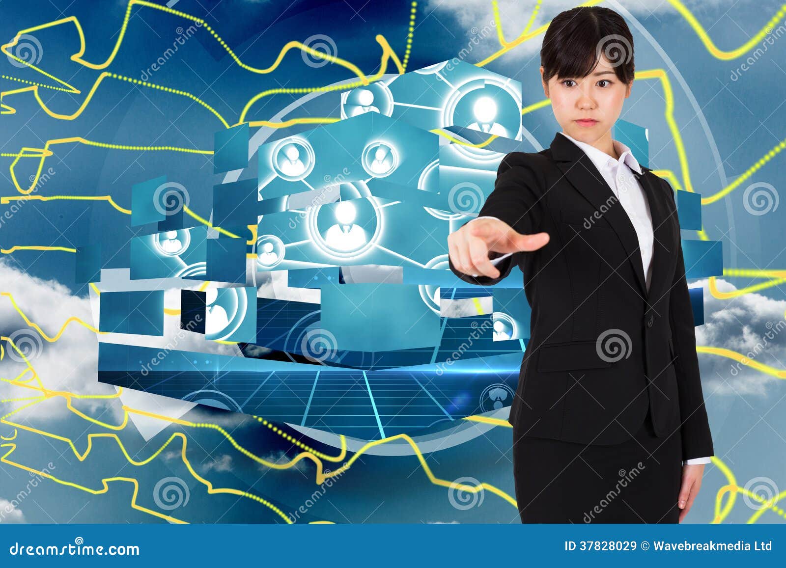 composite image of focused businesswoman pointing
