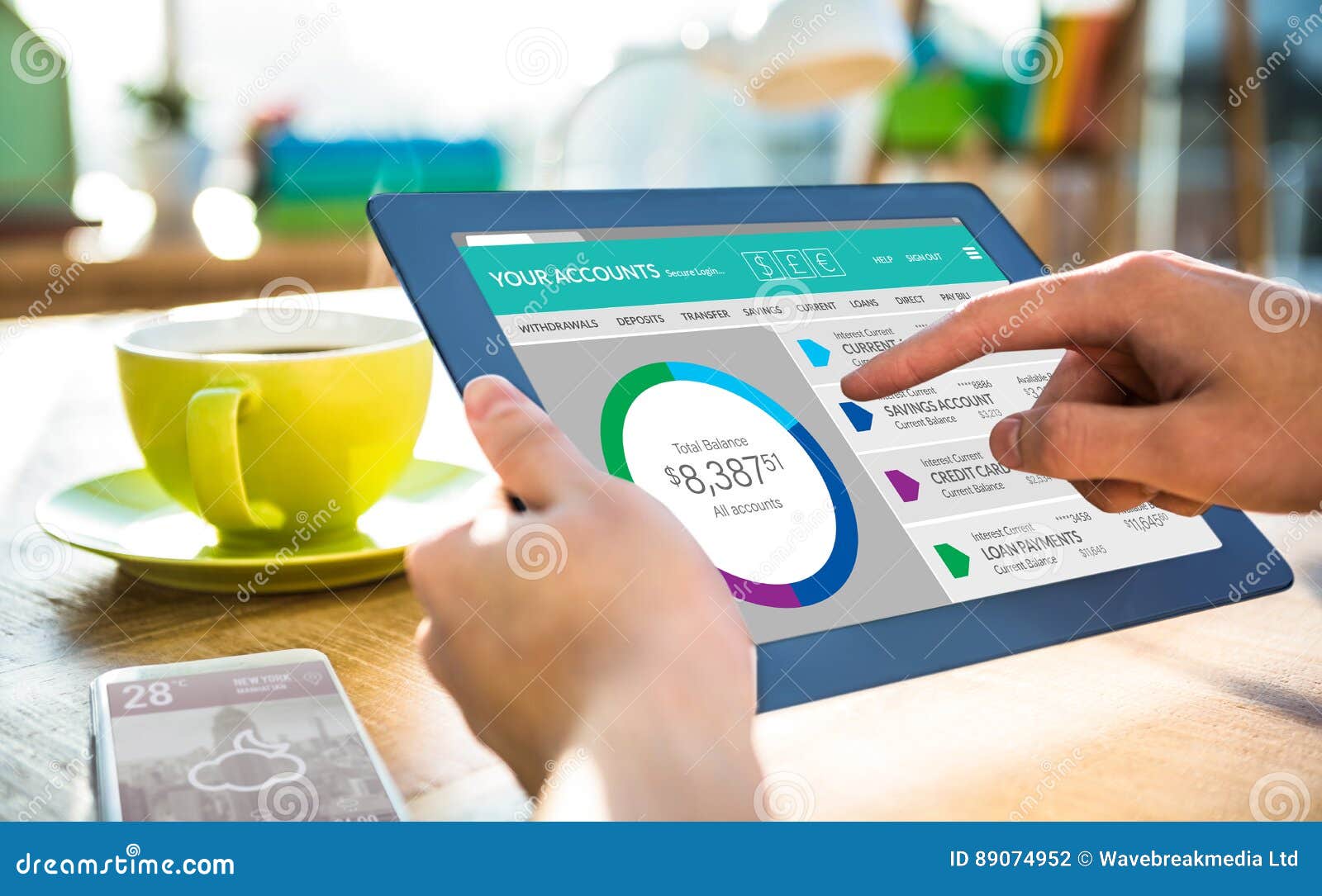 composite image of graphic image of bank account web site