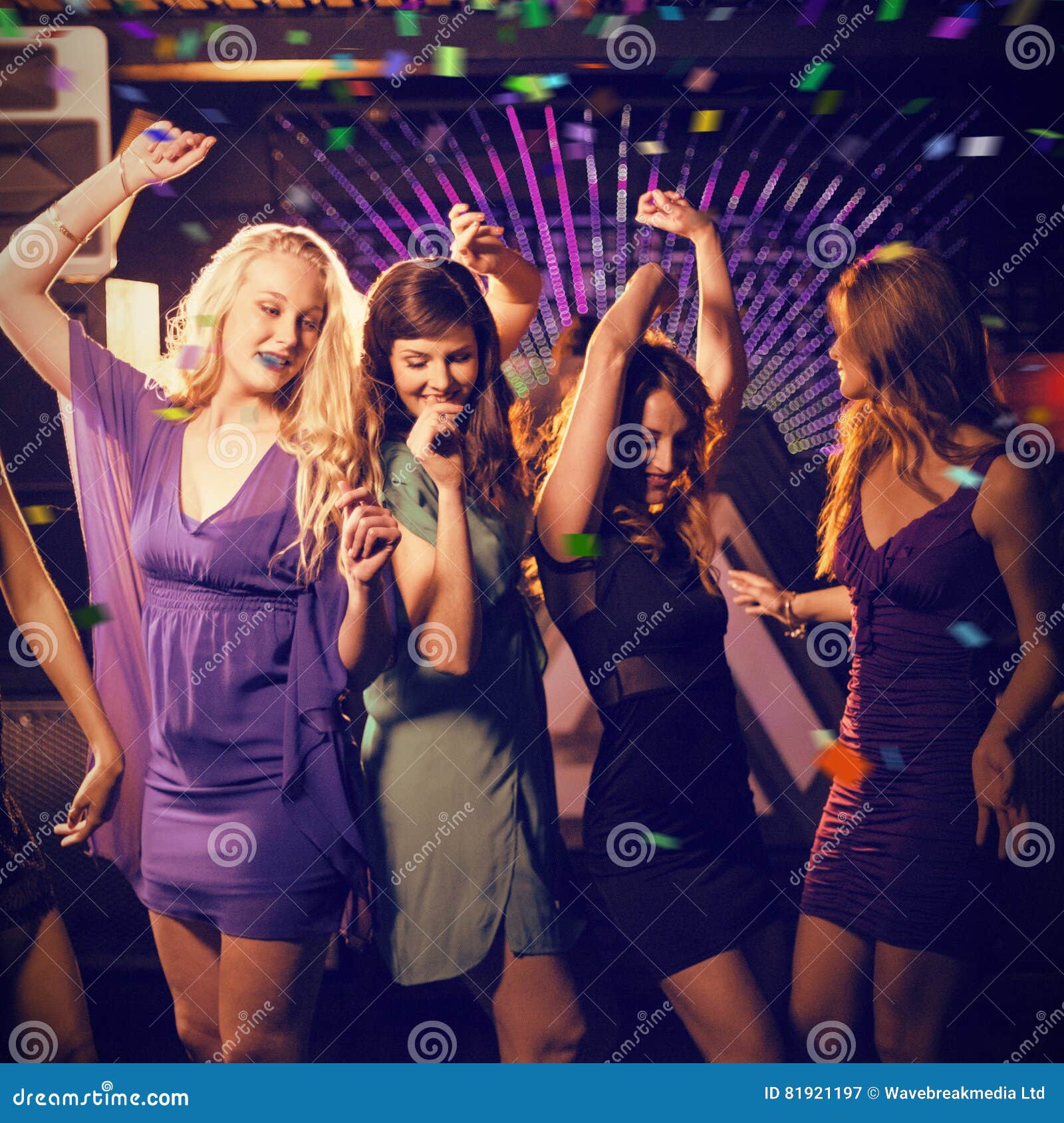 Composite Image of Group of Smiling Friends Dancing on Dance Floor ...