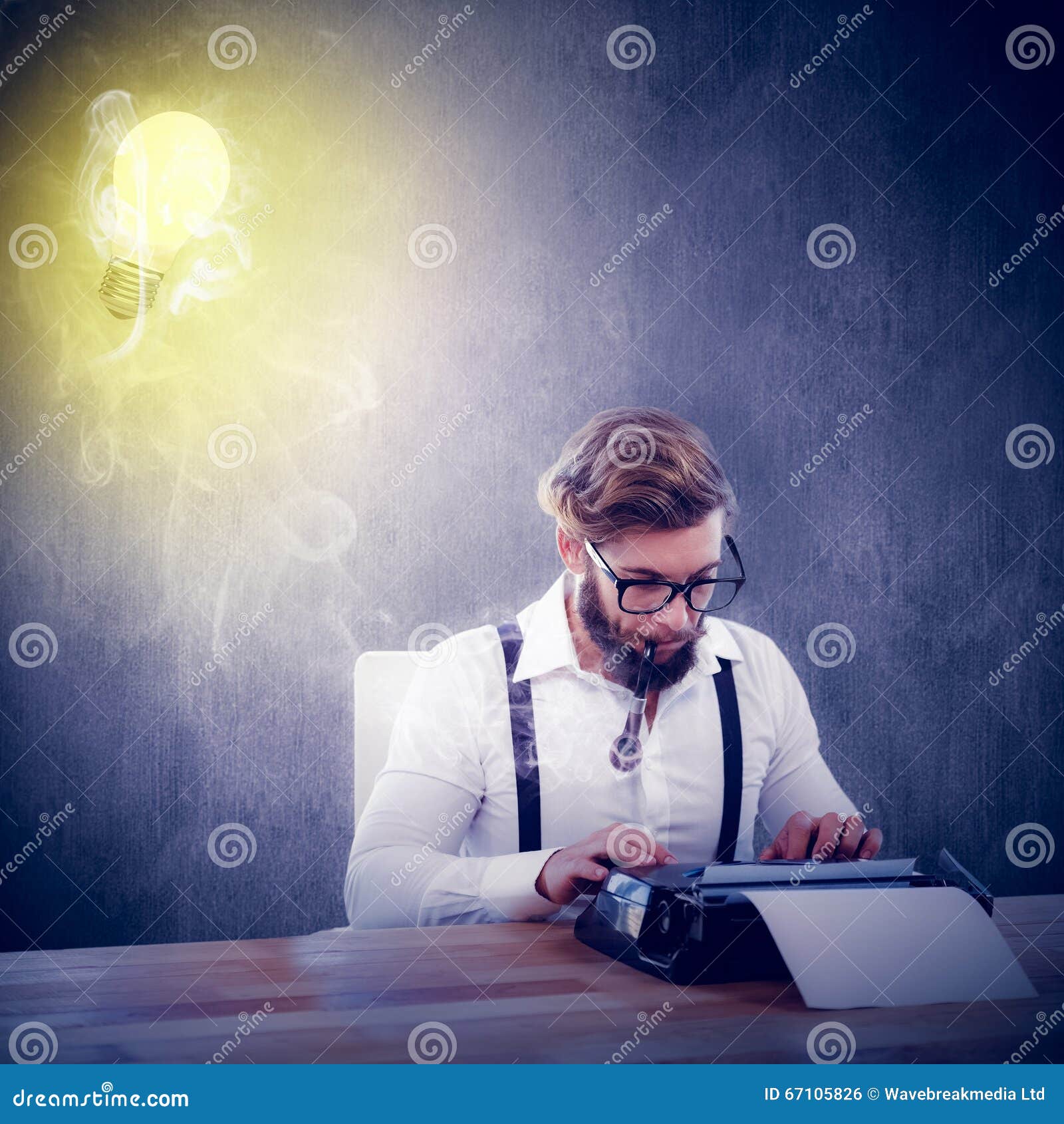Composite Image of Hipster Smoking Pipe while Working on Typewriter