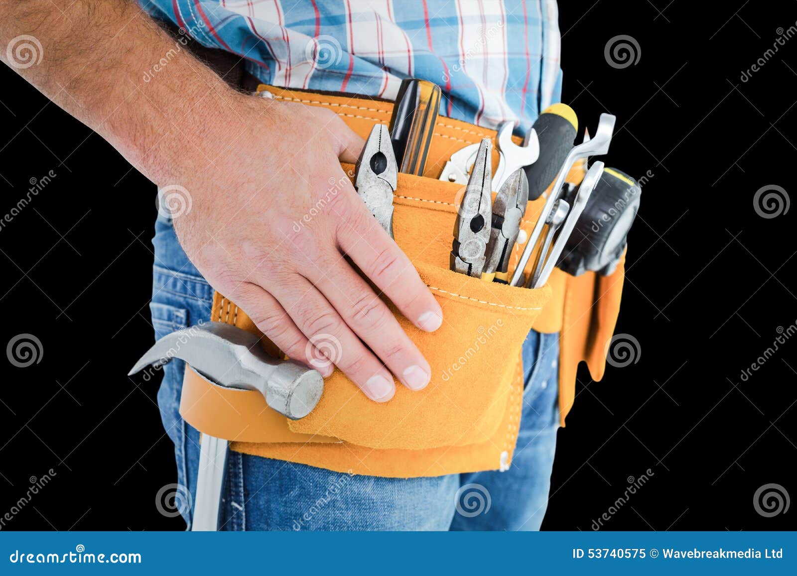 Composite Image of Midsection of Handyman Wearing Tool Belt Stock Image