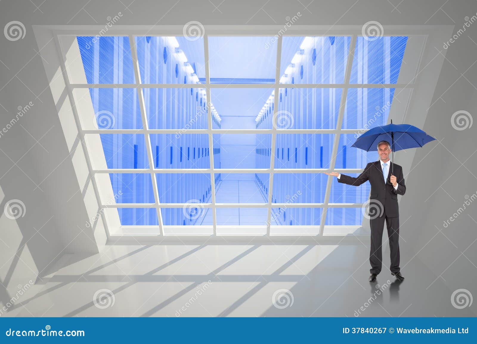 composite image of peaceful businessman holding blue umbrella