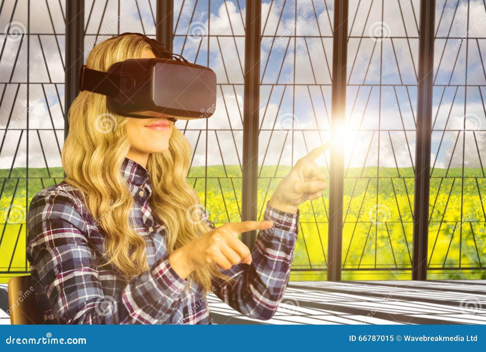 composite image of pretty casual worker using oculus rift