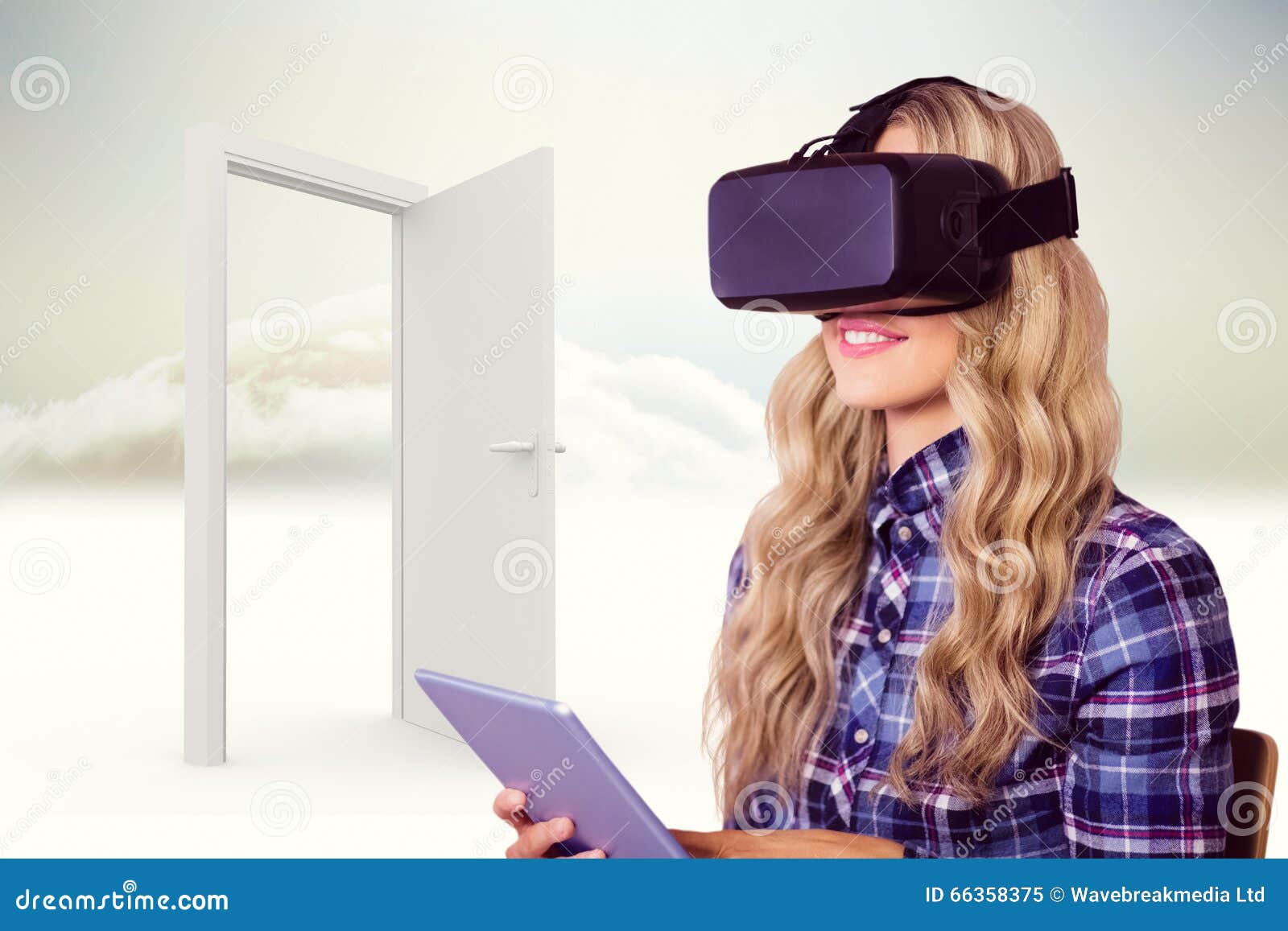 composite image of pretty casual worker using oculus rift