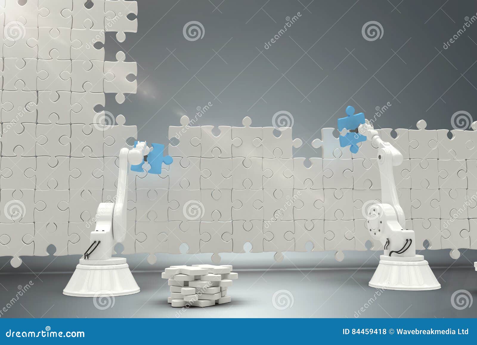 composite image of robots arranging jigsaw pieces on puzzle 3d