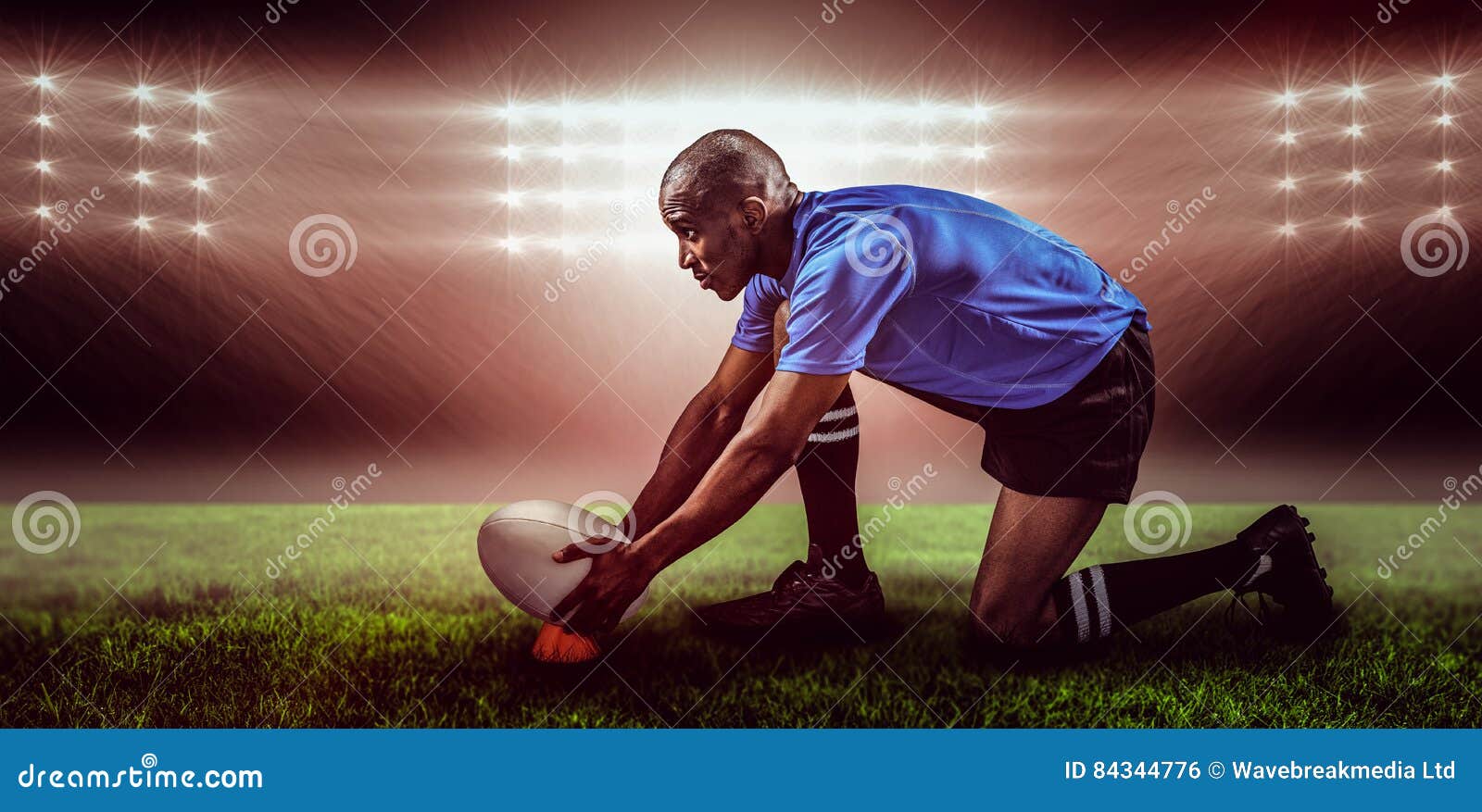 Composite Image of Rugby Player Keeping Ball on Kicking Tee and 3d