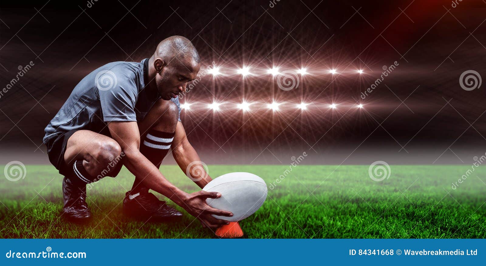 Composite Image of Rugby Player Keeping Ball on Kicking Tee and 3d