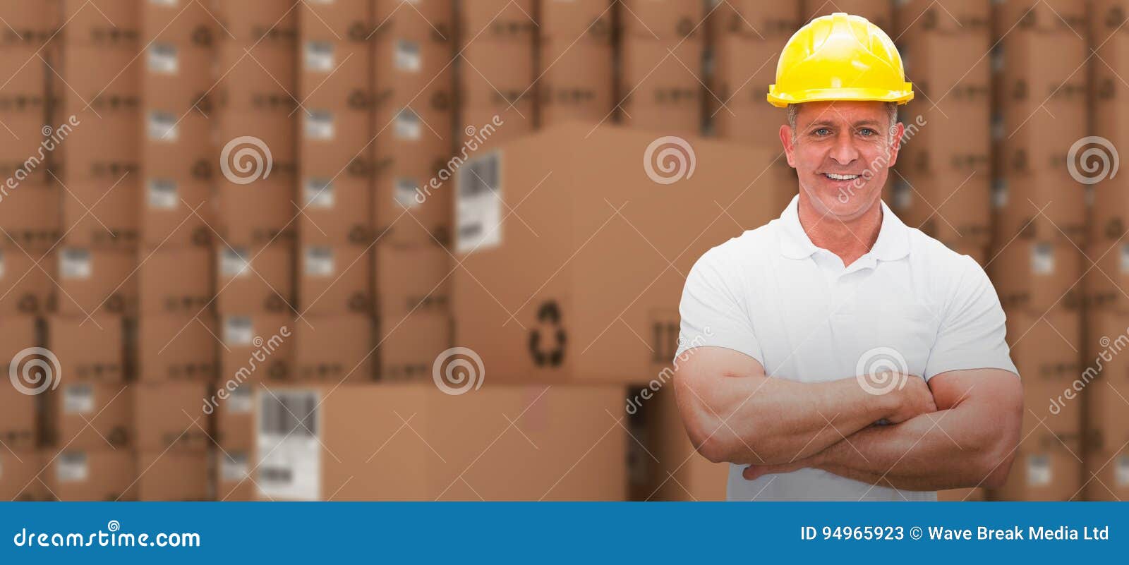 Composite Image of Worker Wearing Hard Hat in Warehouse Stock Image Image of arms, cardboard