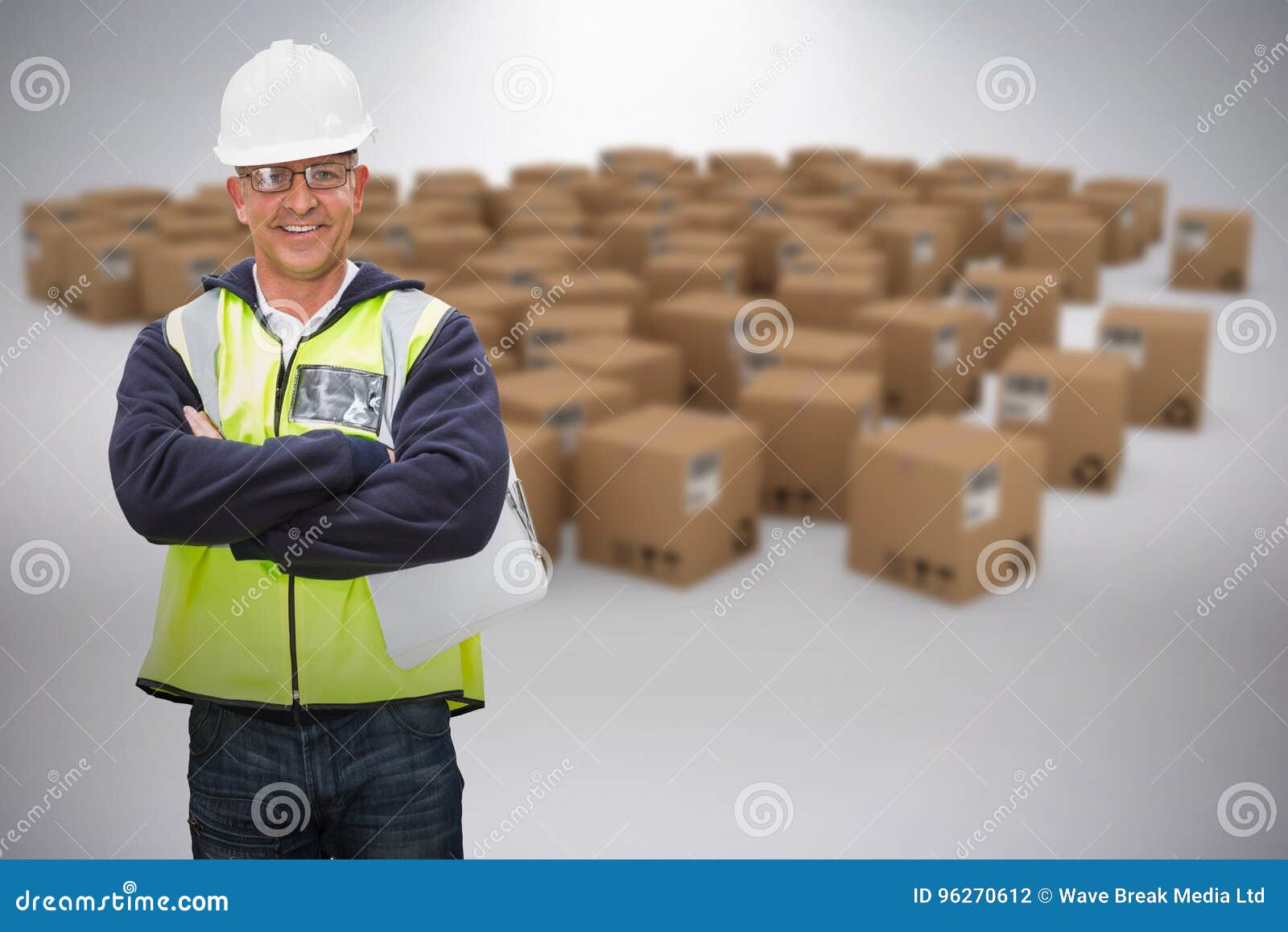 Composite Image of Worker Wearing Hard Hat in Warehouse Stock Photo