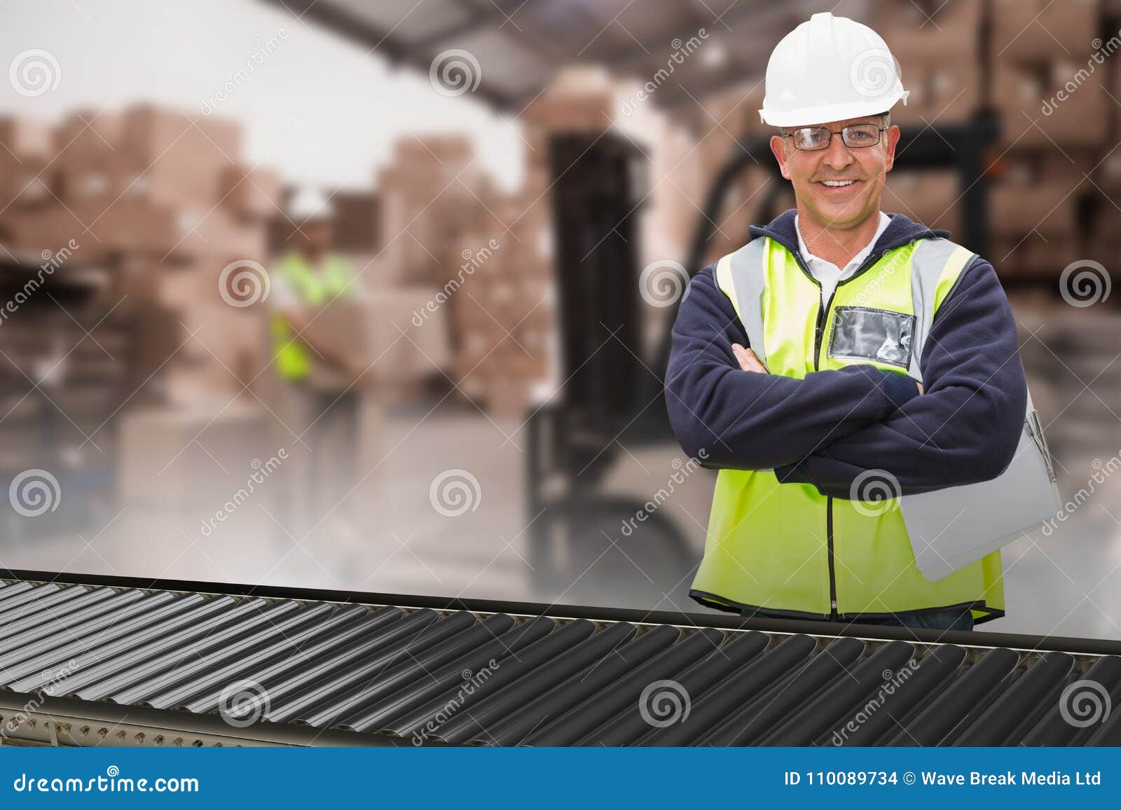 Composite Image of Worker Wearing Hard Hat in Warehouse Stock Photo