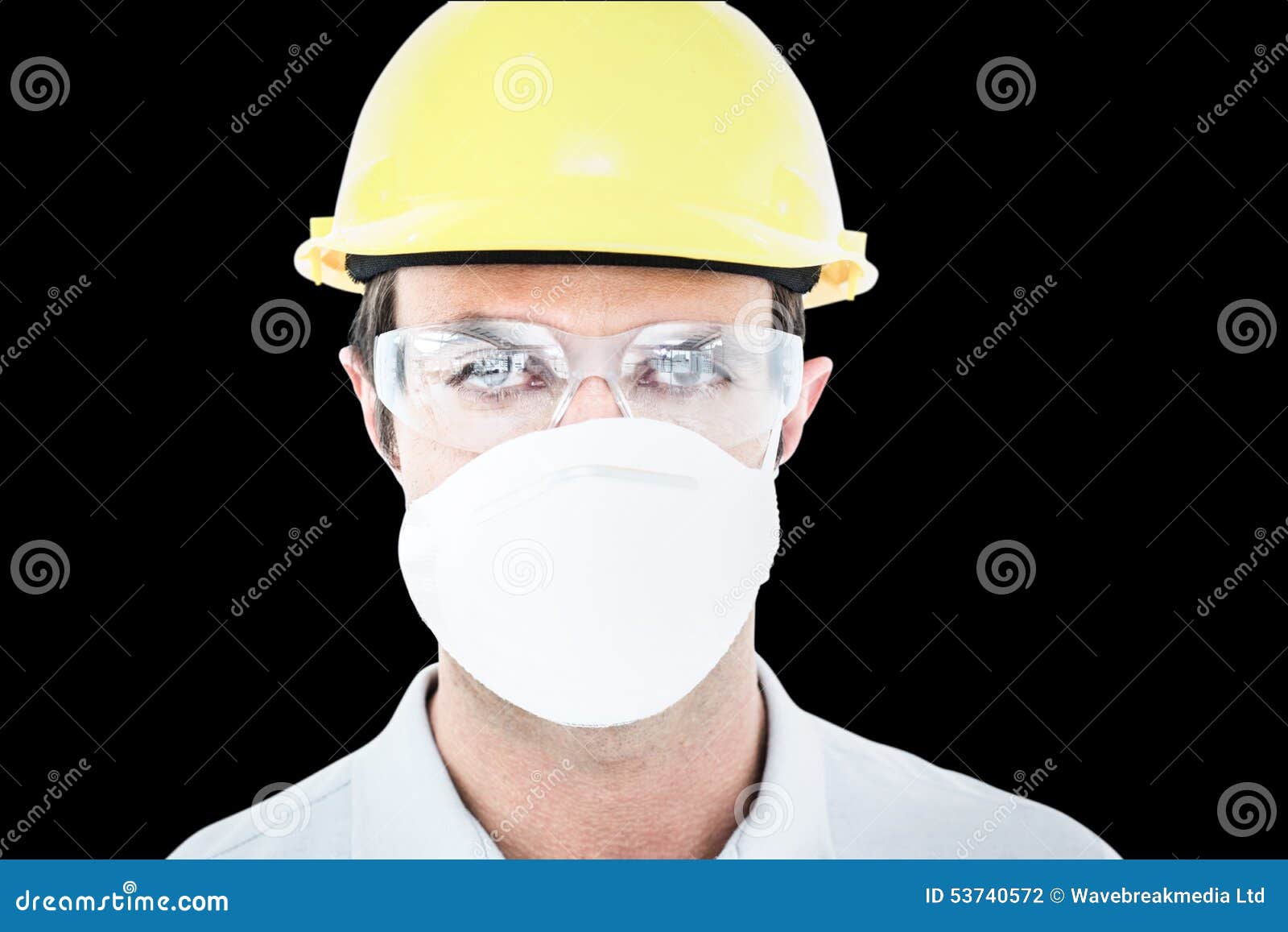 Composite Image of Worker Wearing Protective Mask and Glasses Stock
