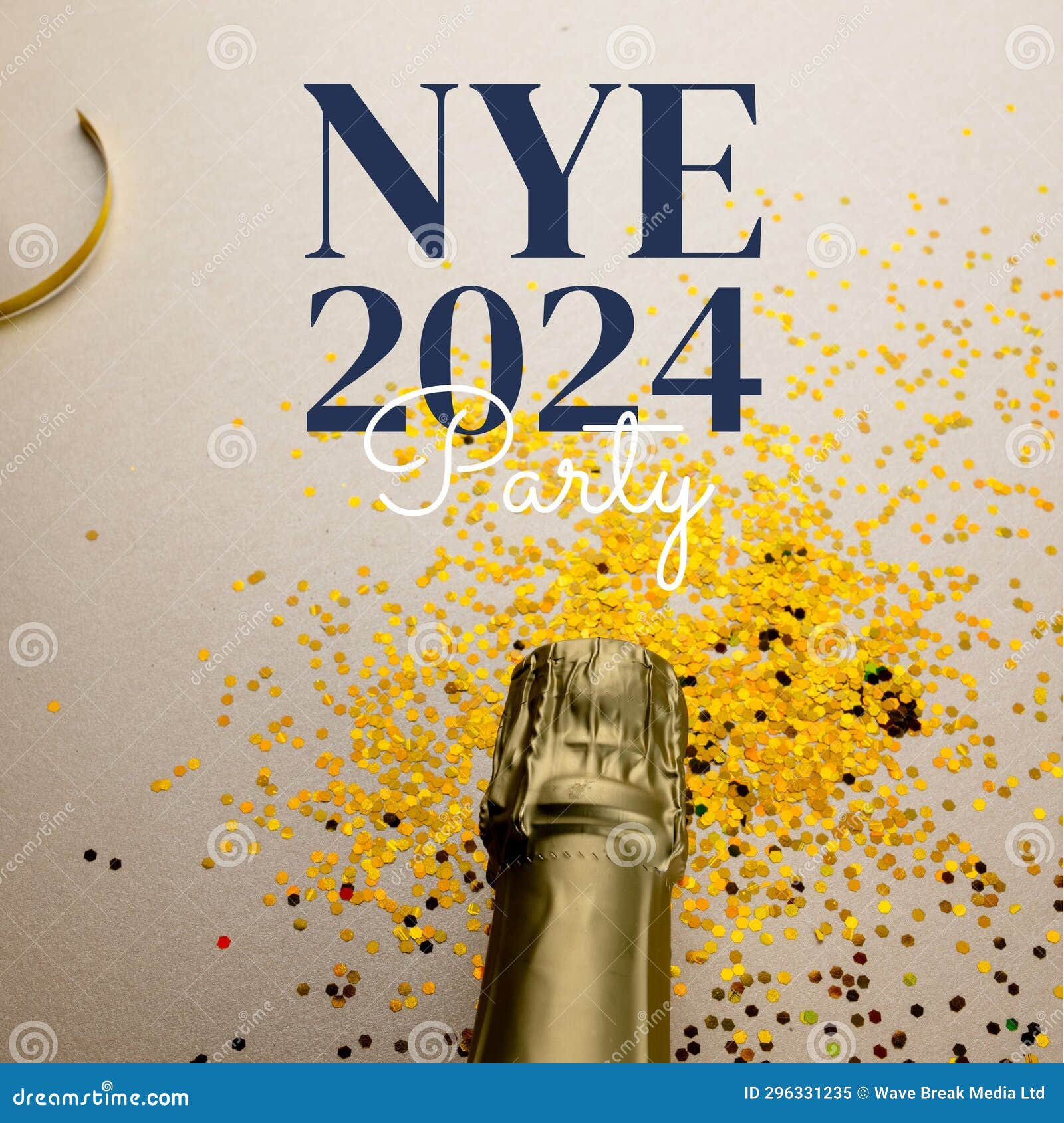composite of nye 2024 party text over champagne bottle and confetti on white background