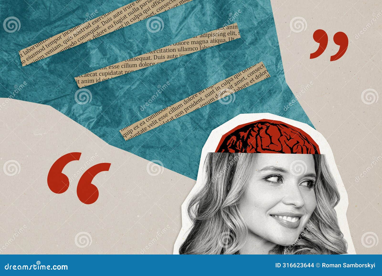 composite photo collage of blonde girl cut head brain thoughts neurobiology concept memory core process  on