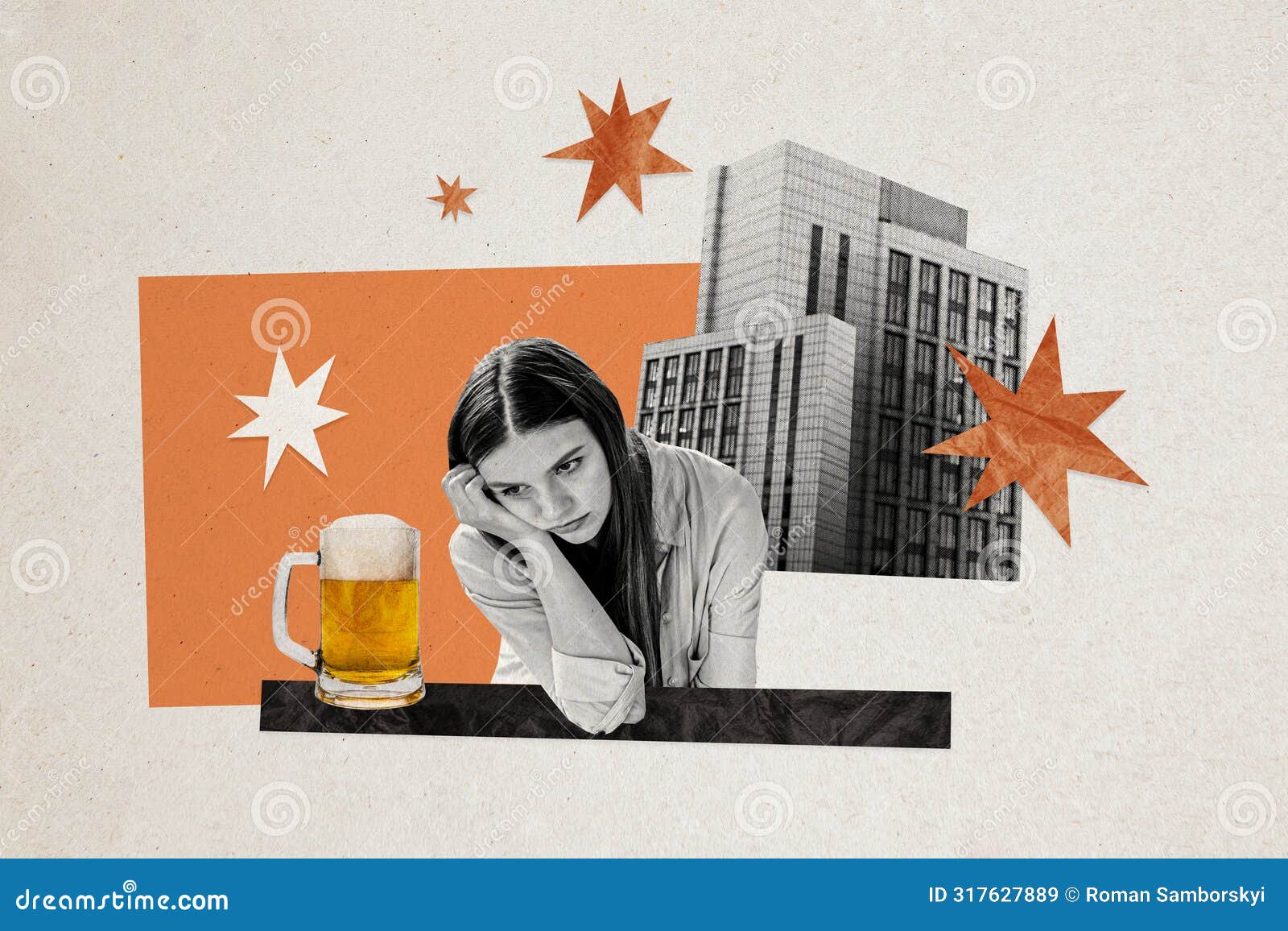 composite photo collage of drunk sot girl drinker alcohol problem glass beer restaurant building pub  on painted