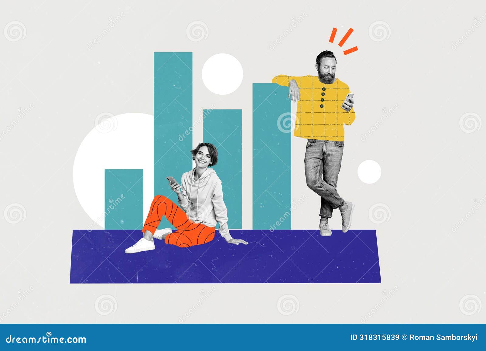composite photo collage of happy girl guy hold iphone device distant relationship chart workers development  on