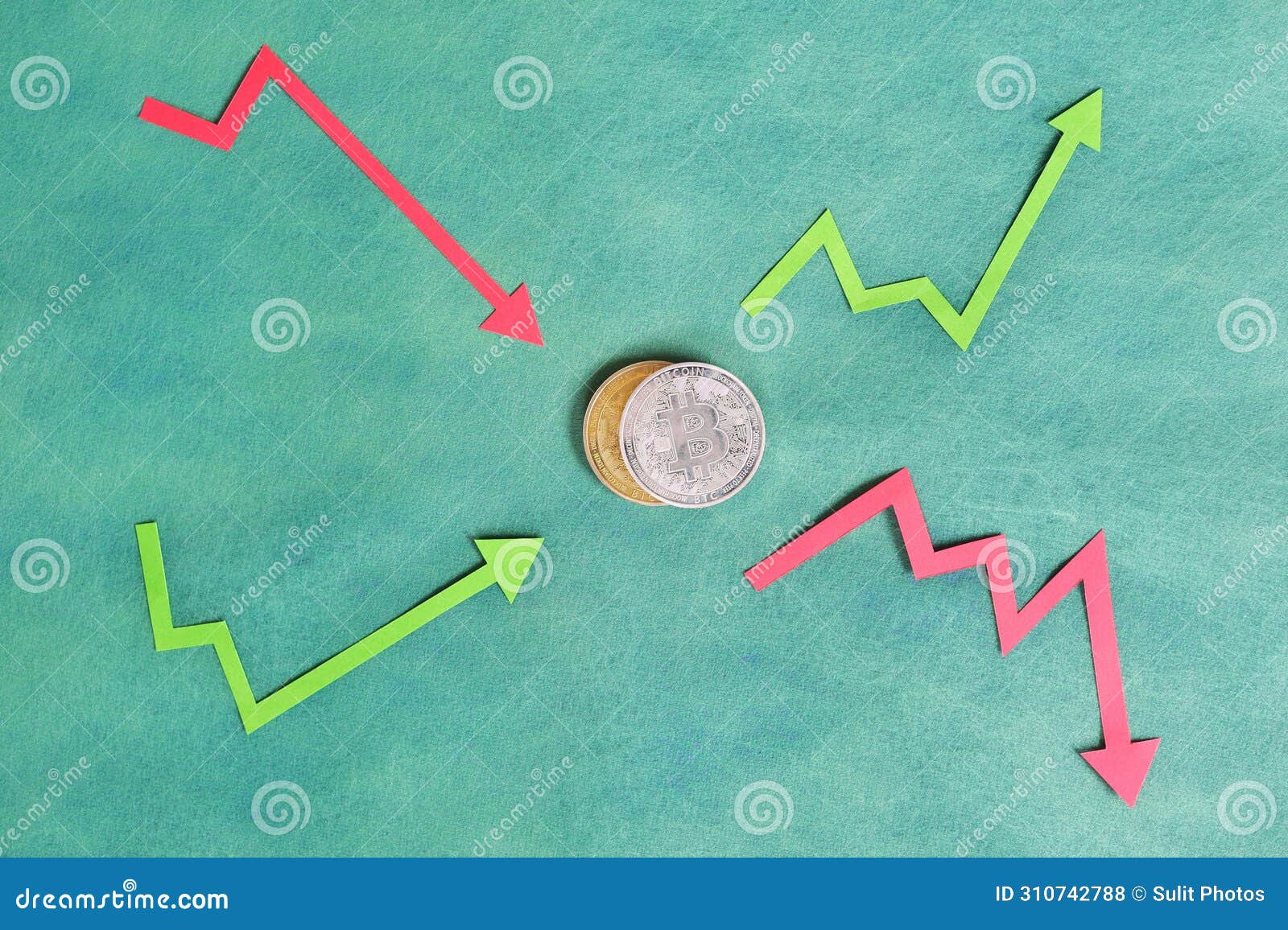 Composition of Bitcoin and Upward Green and Downward Red Arrow. Cryptocurrency  Trading and Volatility Concept Stock Photo - Image of bull, cryptocurrency:  310742788