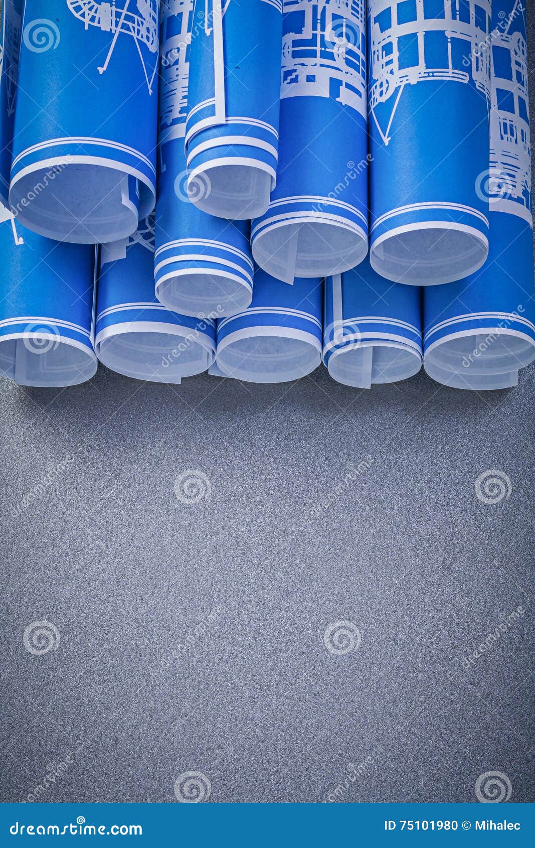 Composition of Blue Engineering Drawings on Grey Background Cons Stock