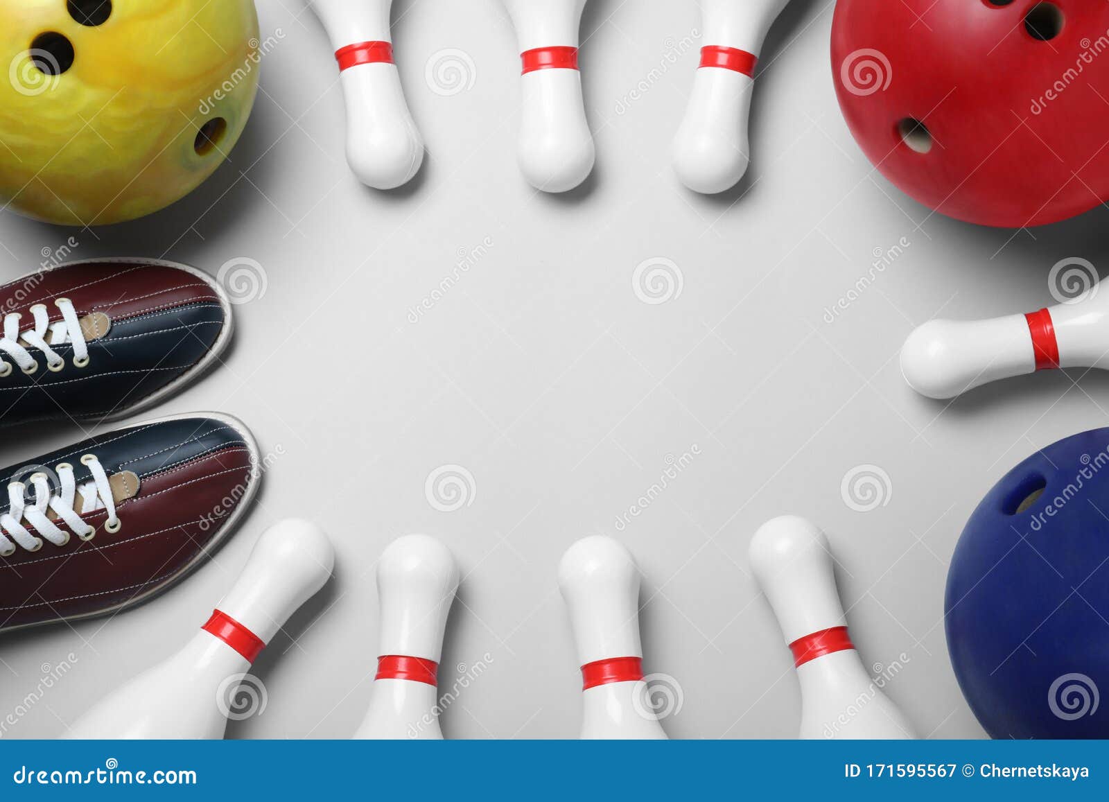 Bowling Shoes Disco Mirror Skittle And Bowling Ball On Blue Yellow