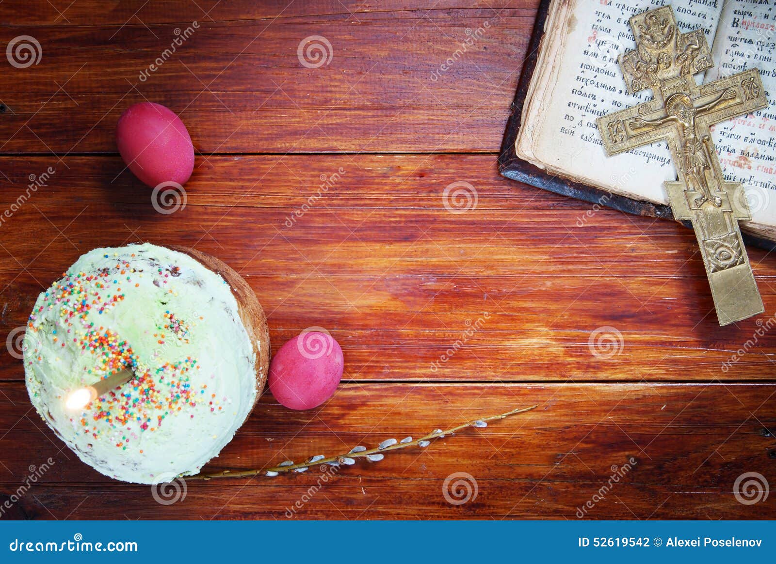 Composition about Christian Easter with Eggs and Burning Candle Stock