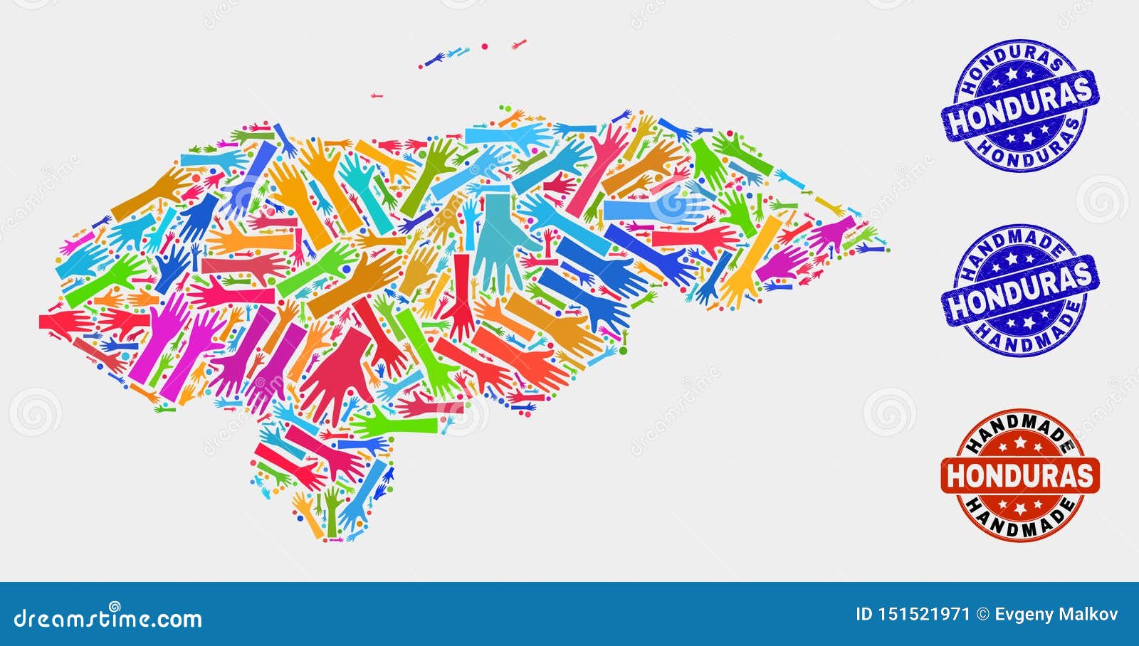 Composition de main de carte du Honduras et de joints faits main grunges. Combinaison faite main de vecteur de carte du Honduras et de joints en caoutchouc La carte du Honduras de mosaïque est conçue des mains colorées lumineuses aléatoires Joints arrondis avec la texture en caoutchouc corrodée