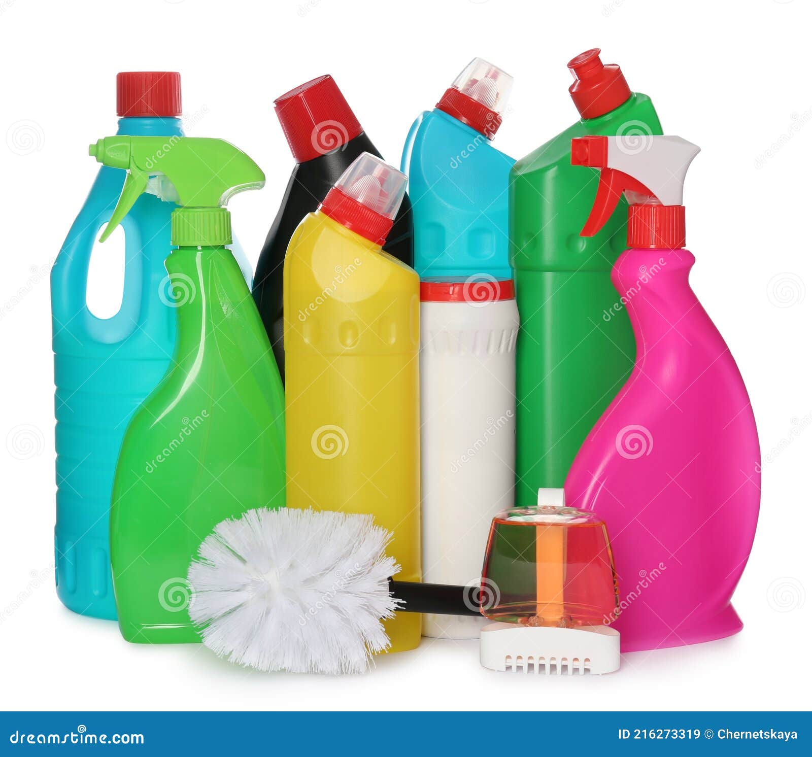 Composition with Different Toilet Cleaning Tools on White Background