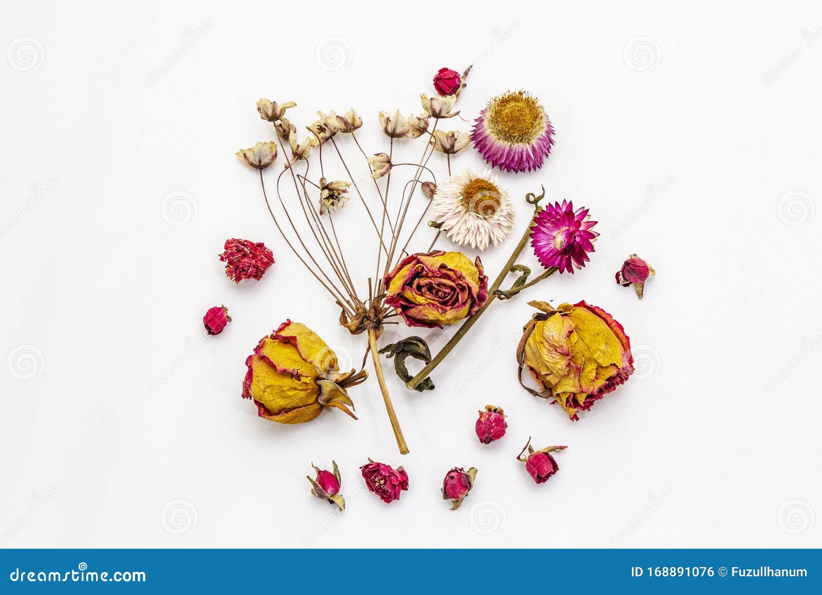 Composition of dried wildflowers isolated on a white background