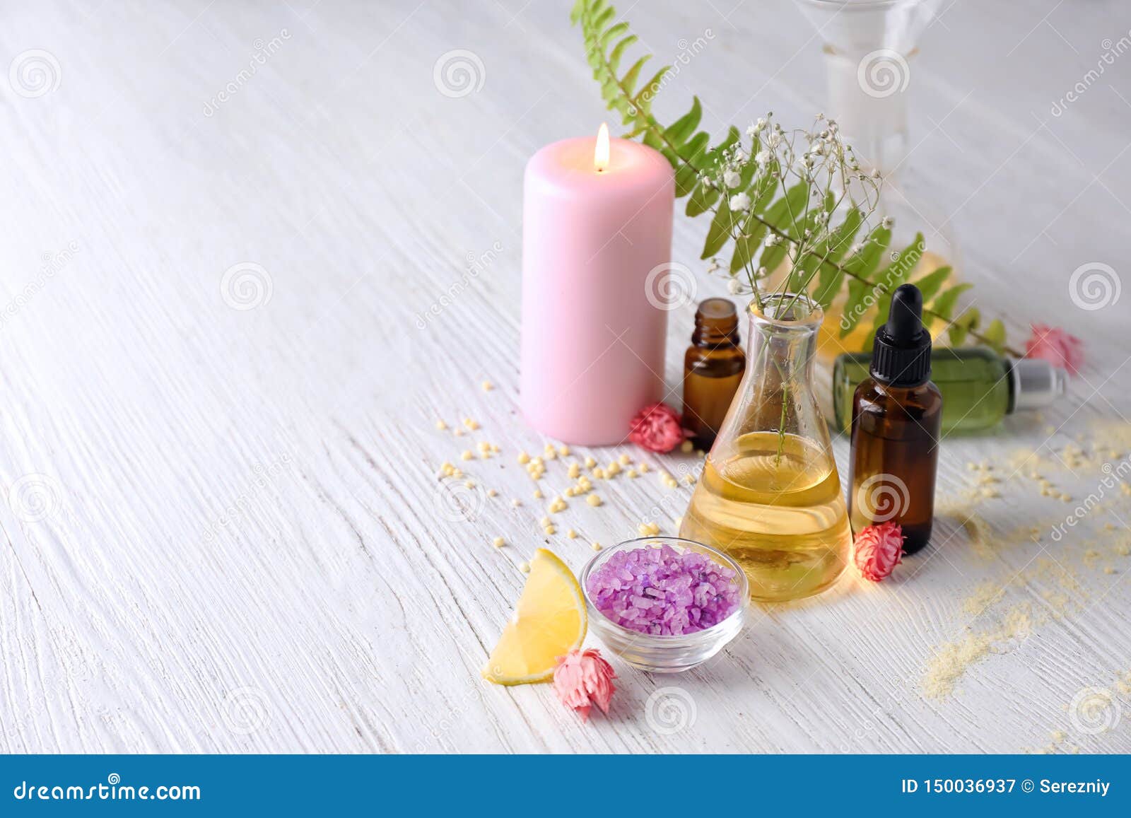 Composition with Essential Oils on Wooden Table Stock Image Image of