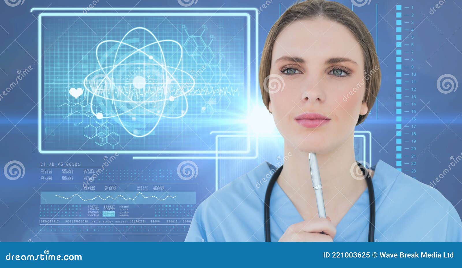Composition of Female Doctor Over Screen with Medical Data Processing