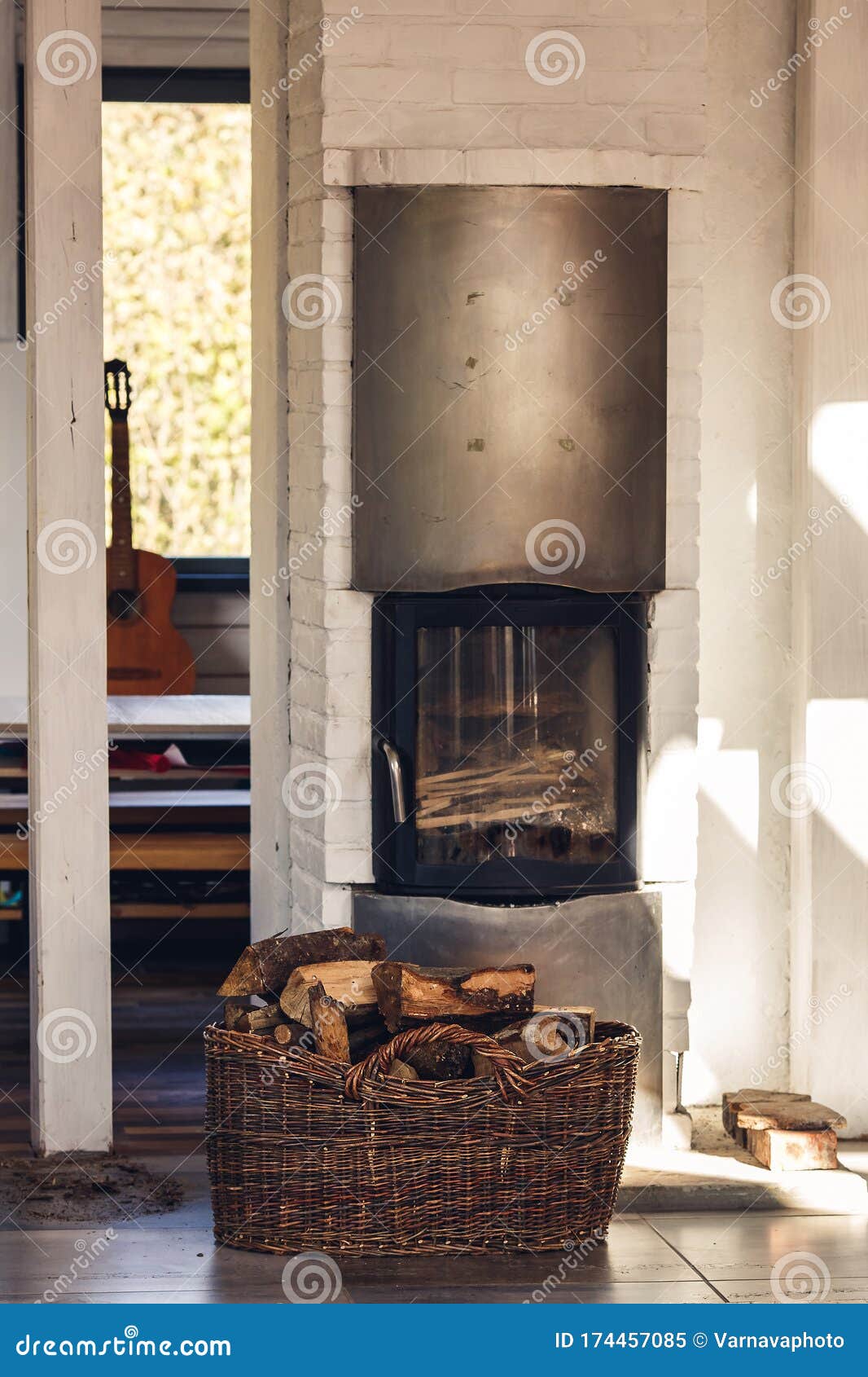 Composition, Firewood, Stove Items, Basket. Real Fireplace Filled with