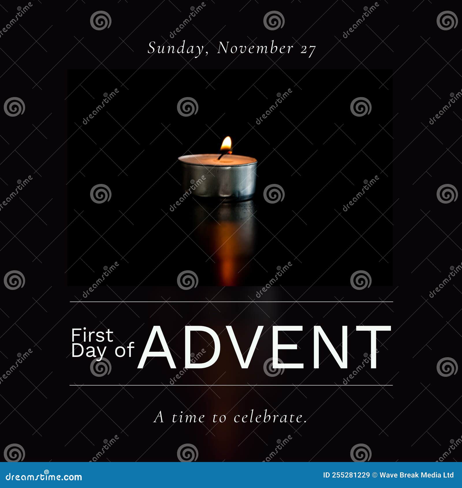Composition of First Day of Advent Text with Candle on Black Background