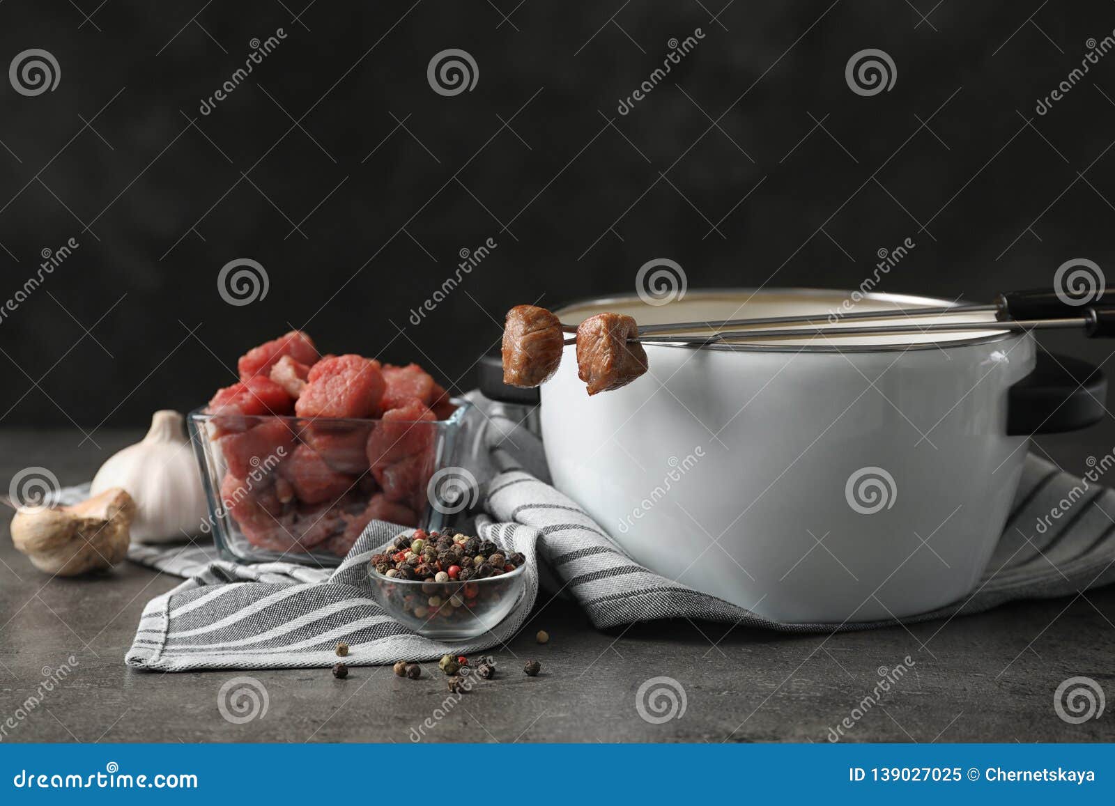 Composition with Fondue Pot and Meat Stock Image Image of ingredient