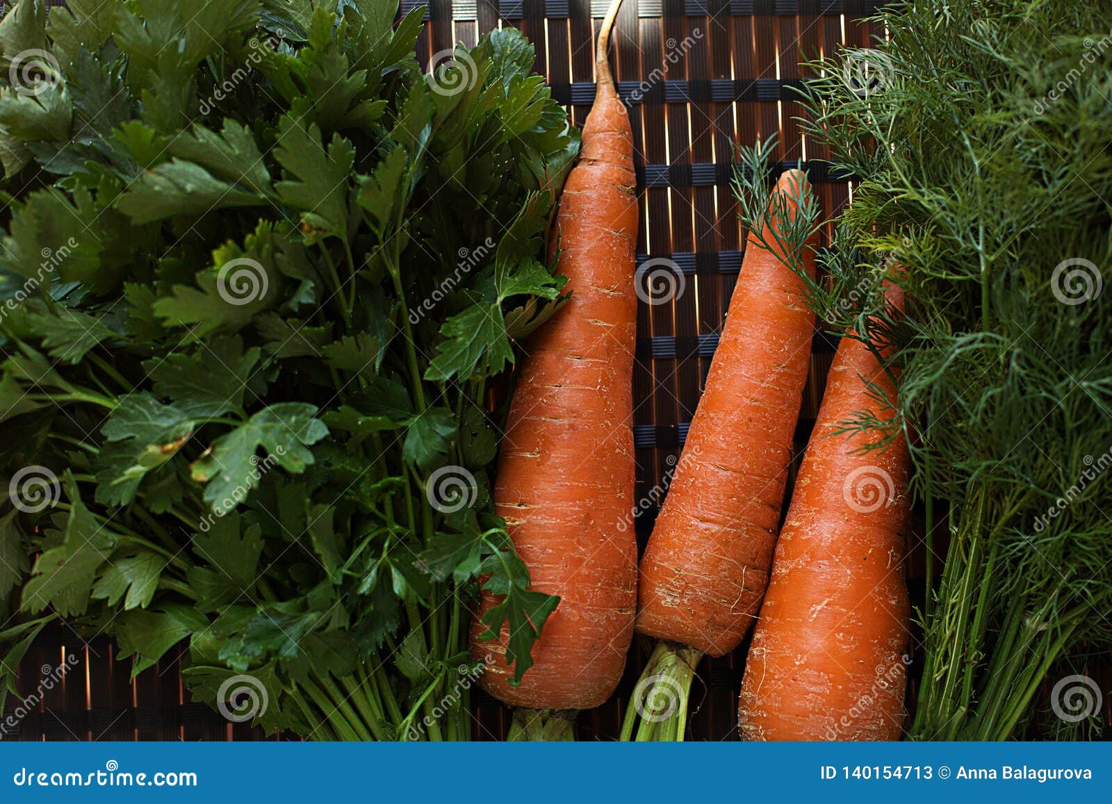 Composition of Fresh Herbs and Carrots. Dill, Parsley, Basil Stock