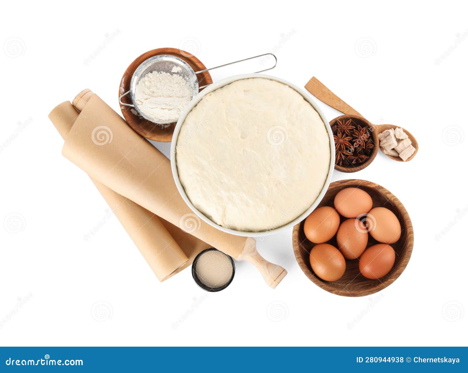Composition with Fresh Yeast Dough, Parchment Paper and Ingredients on