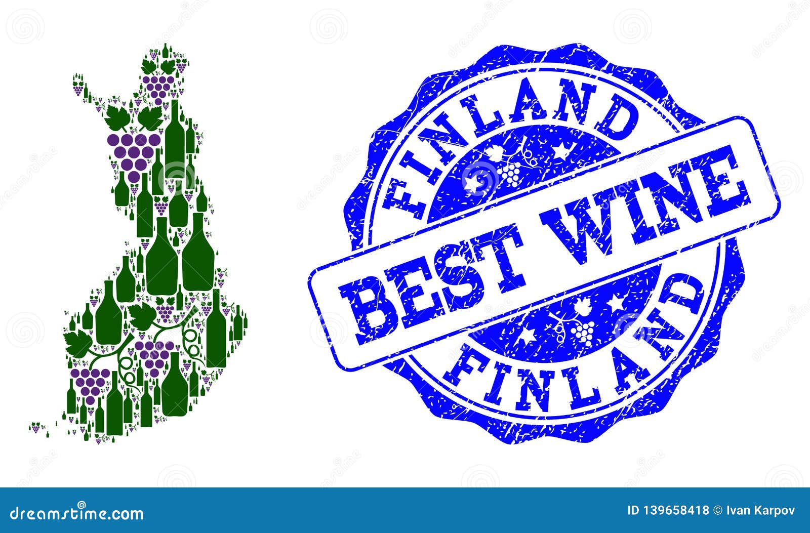 Composition of Grape Wine Map of Finland and Best Wine Stamp Stock