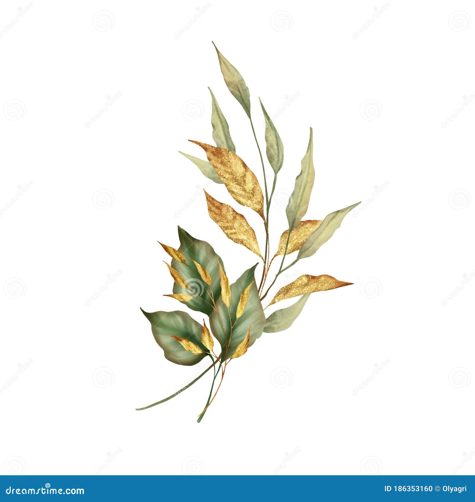 Composition of Green and Gold Leaves. Isolated Stock Illustration ...